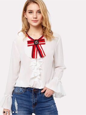 SHEIN White Ruffle Blouse with Red and Navy Ribbon Bow